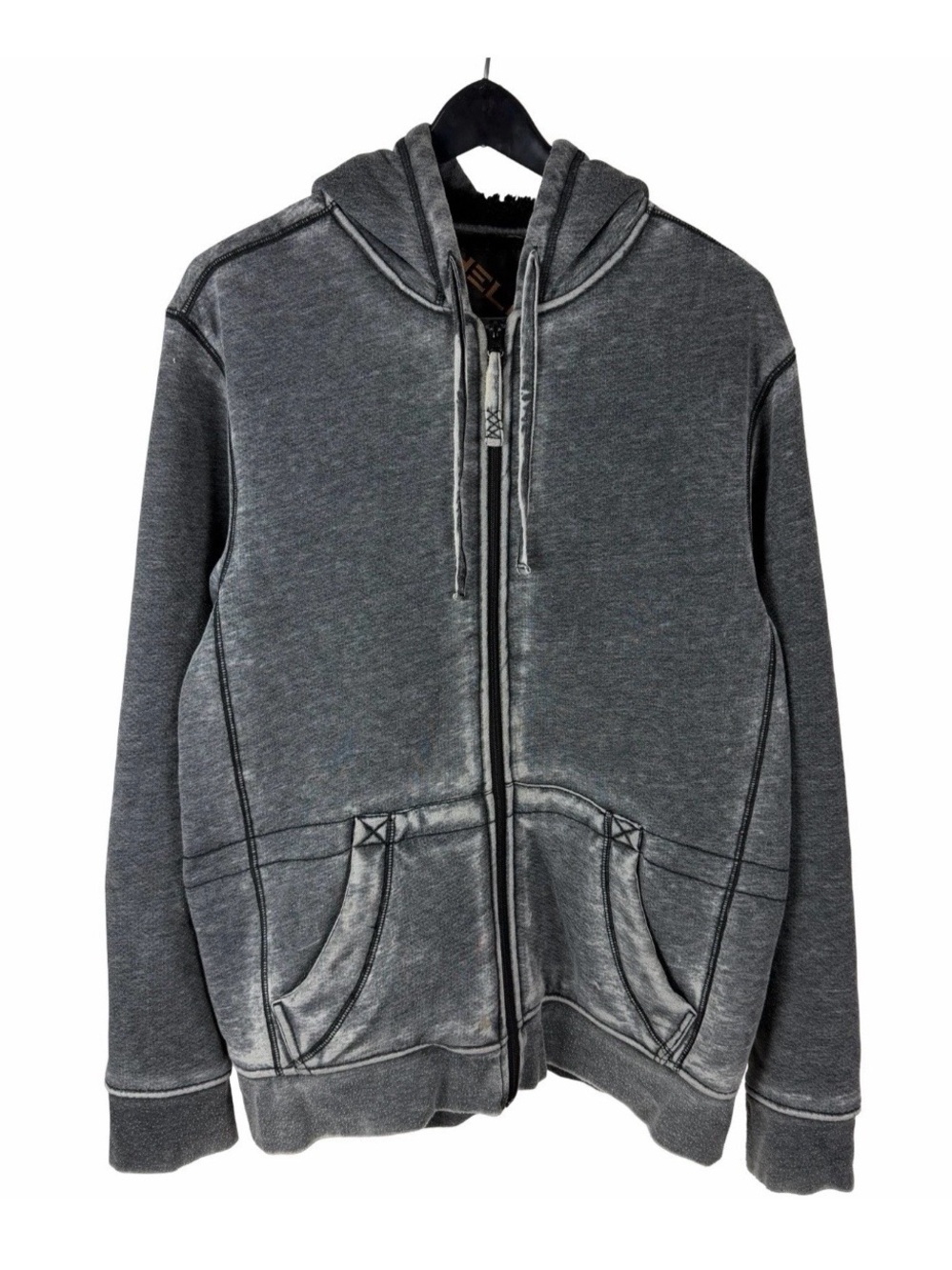 “Helix” Y2K Grunge/skater ZIP-UP Hoodie; SHERPA-lined; mineral-wash gray; XL